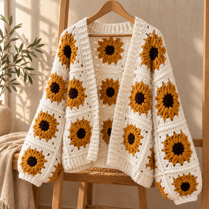 Sunflower Granny Square Crochet Cardigan Pattern PDF, Oversized Floral Sweater