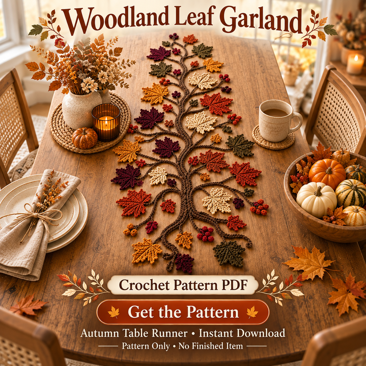 Autumn Leaf Table Runner Crochet Pattern PDF – Fall Botanical Dining Decor
