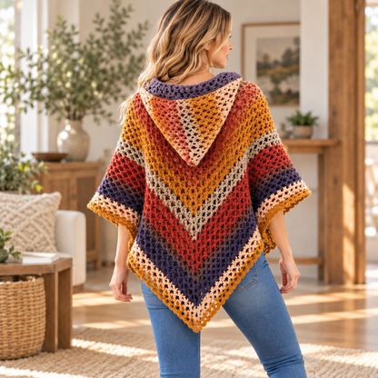 Autumn Leaves Crochet Hooded Poncho Pattern PDF – Colorful Fall Poncho