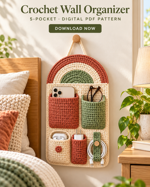 Crochet Wall Organizer Pattern PDF – 5 Pocket Bedside Storage