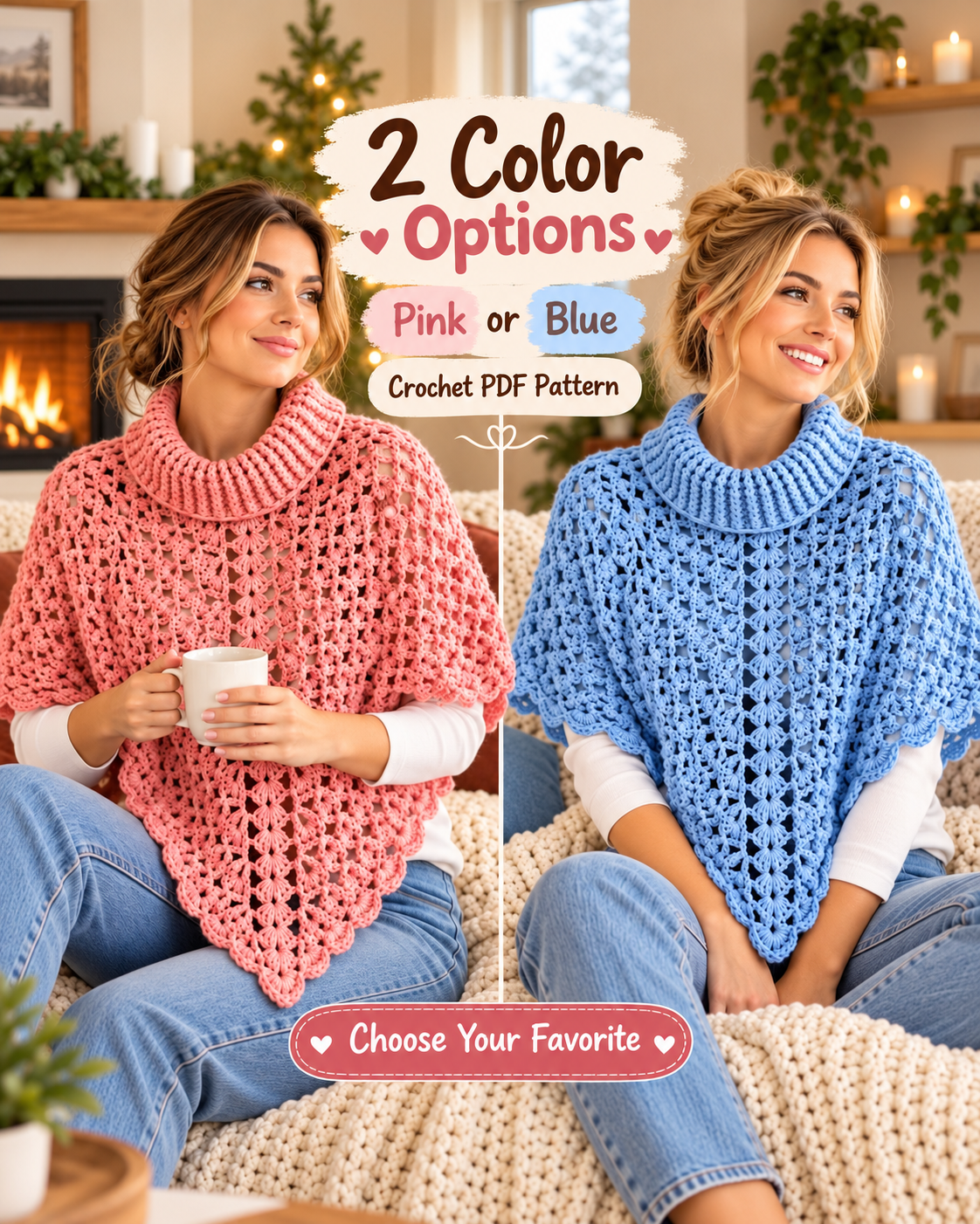Crochet Turtleneck Poncho Pattern PDF – Lace Poncho for Women