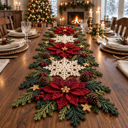 Poinsettia Snowflake Table Runner Crochet Pattern – Christmas Decor PDF