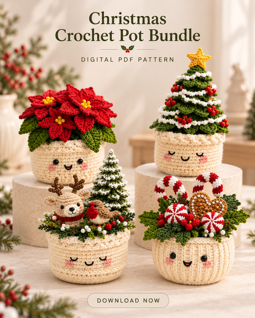 3 Christmas Crochet Pot Patterns PDF – Tree, Poinsettia & Reindeer