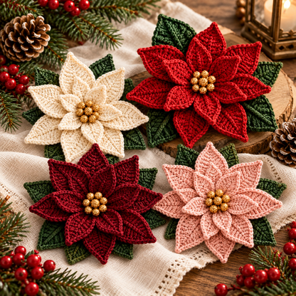 Crochet Poinsettia Pattern PDF – Christmas Flower for Napkin Rings & Ornaments