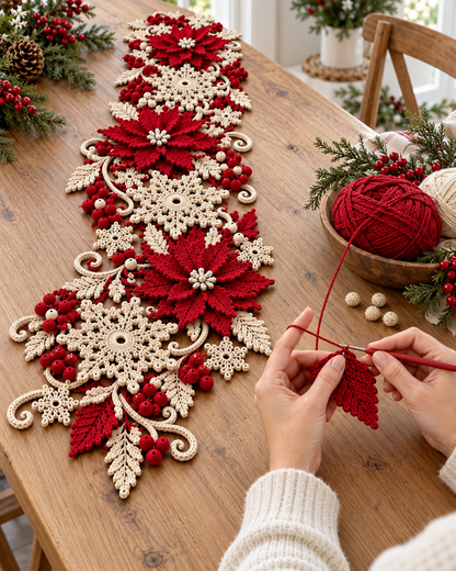 Poinsettia Snowflake Crochet Table Runner Pattern PDF – Christmas Decor