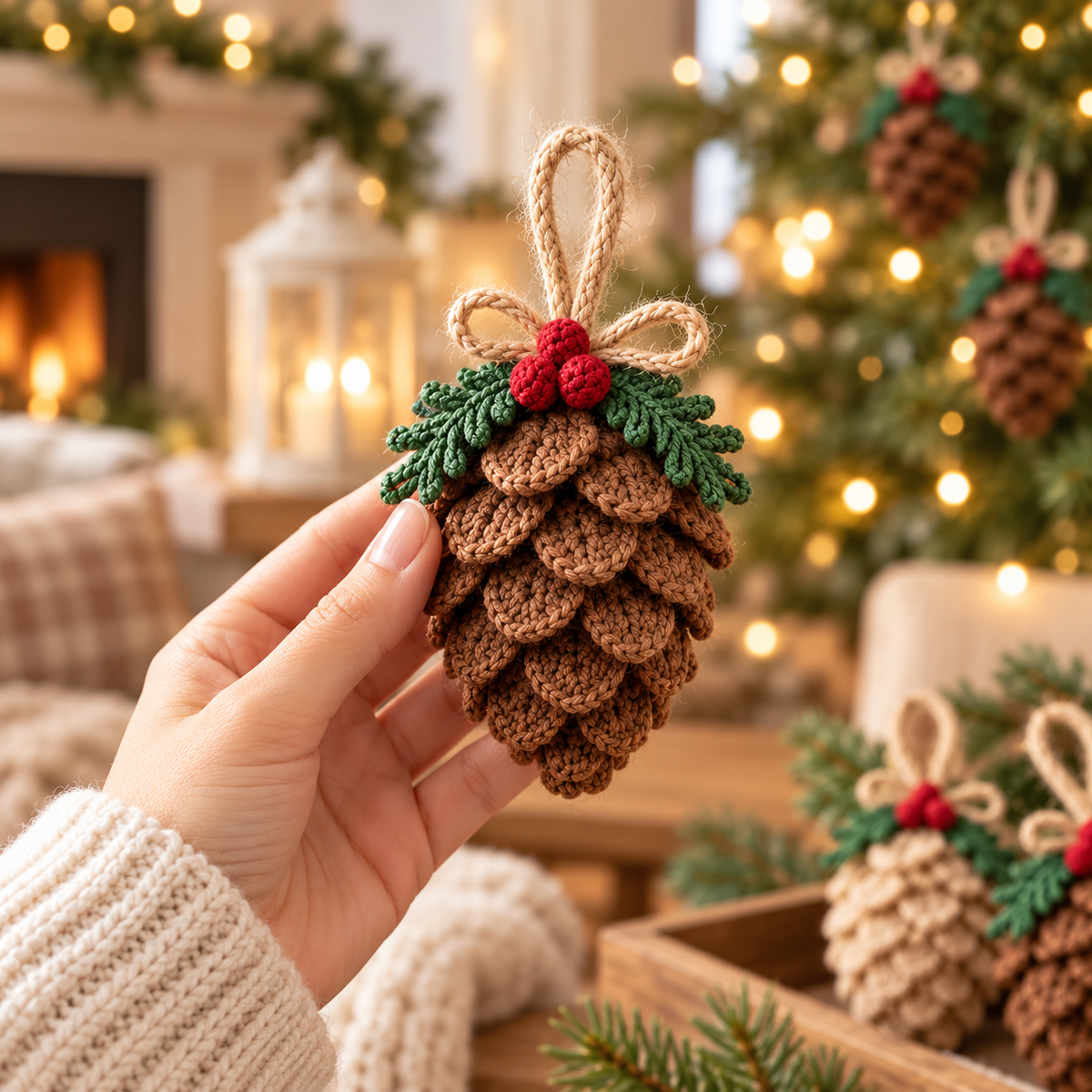 Crochet Pinecone Christmas Ornament Pattern PDF, Rustic Woodland Tree Decor