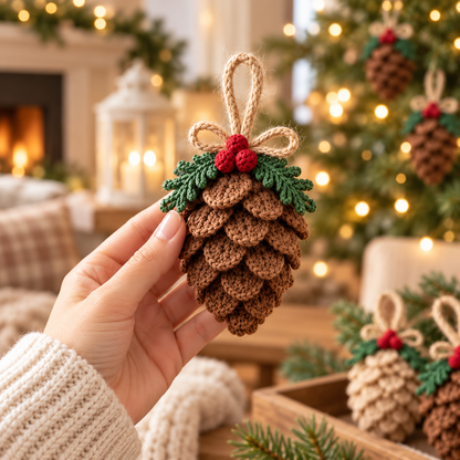 Crochet Pinecone Christmas Ornament Pattern PDF, Rustic Woodland Tree Decor