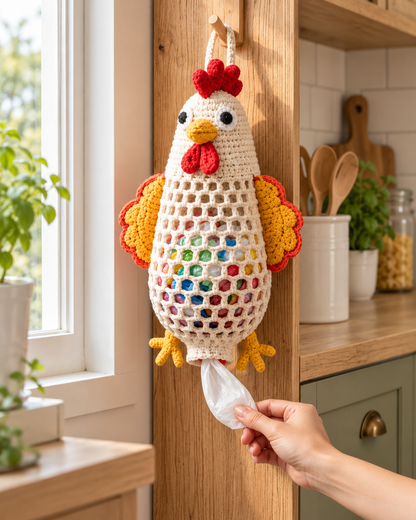 Animal Crochet Plastic Bag Holder Patterns PDF – Cow, Chicken, Fish & Raccoon