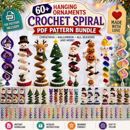 60+ Crochet Halloween and Christmas Spiral Pattern Bundle PDF | Hanging Amigurumi Christmas Decor Craft | Holiday Wind Spinner Ornament