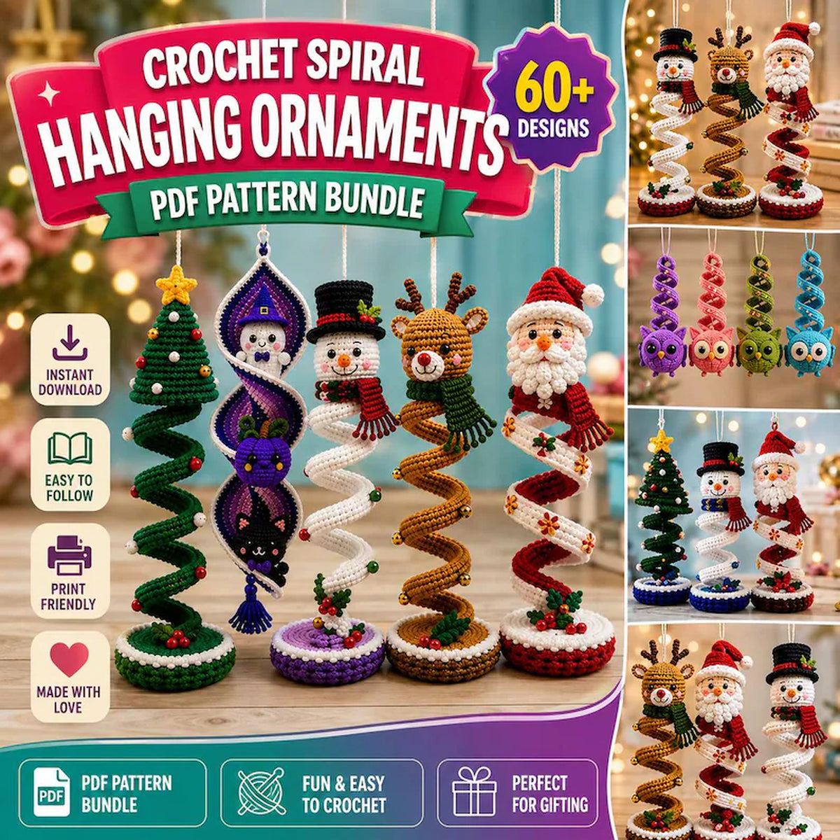 60+ Crochet Halloween and Christmas Spiral Pattern Bundle PDF | Hanging Amigurumi Christmas Decor Craft | Holiday Wind Spinner Ornament