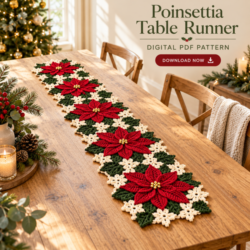Poinsettia Crochet Table Runner Pattern PDF – Christmas Floral Table Decor