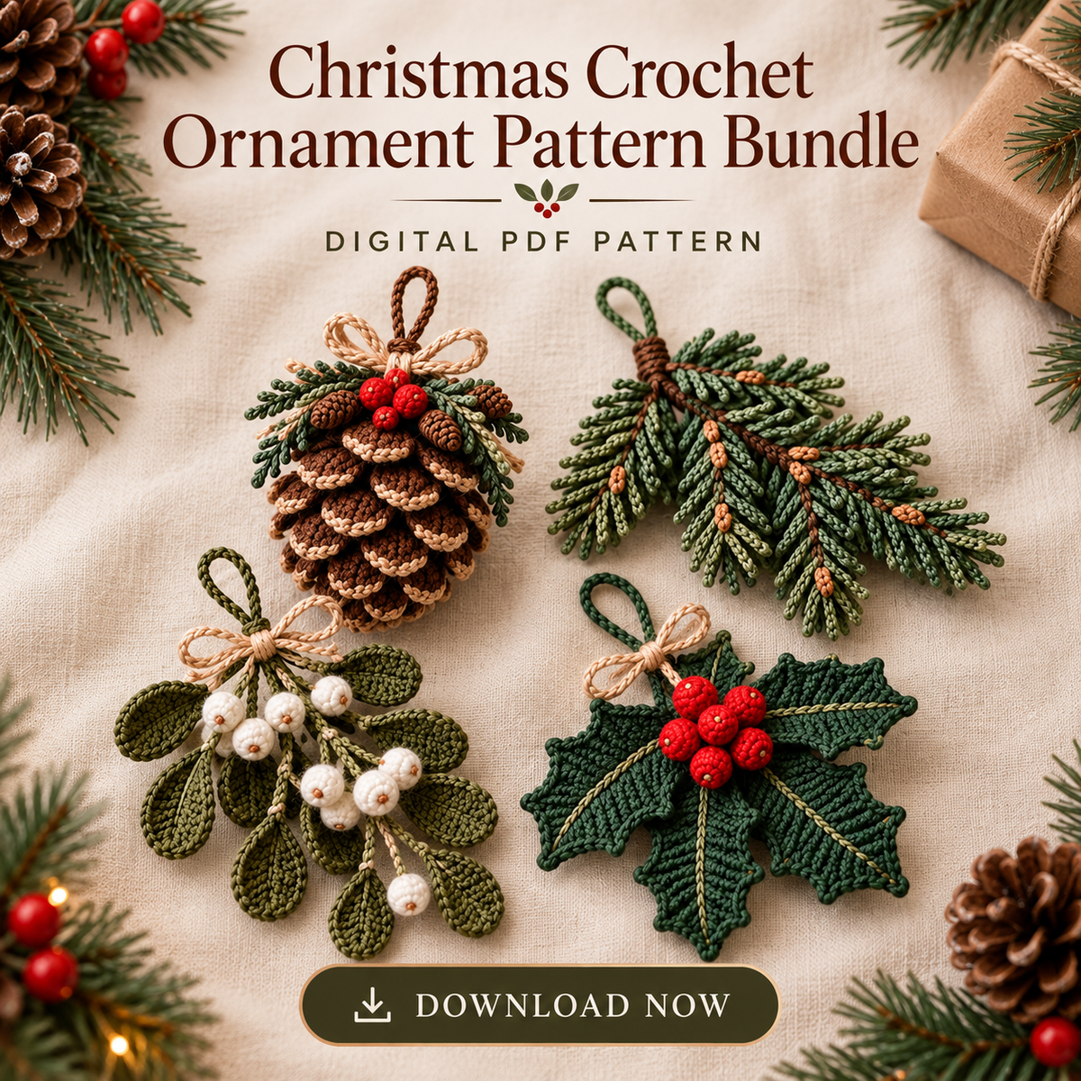 Christmas Crochet Ornament Pattern Bundle PDF – Pinecone, Holly & Mistletoe