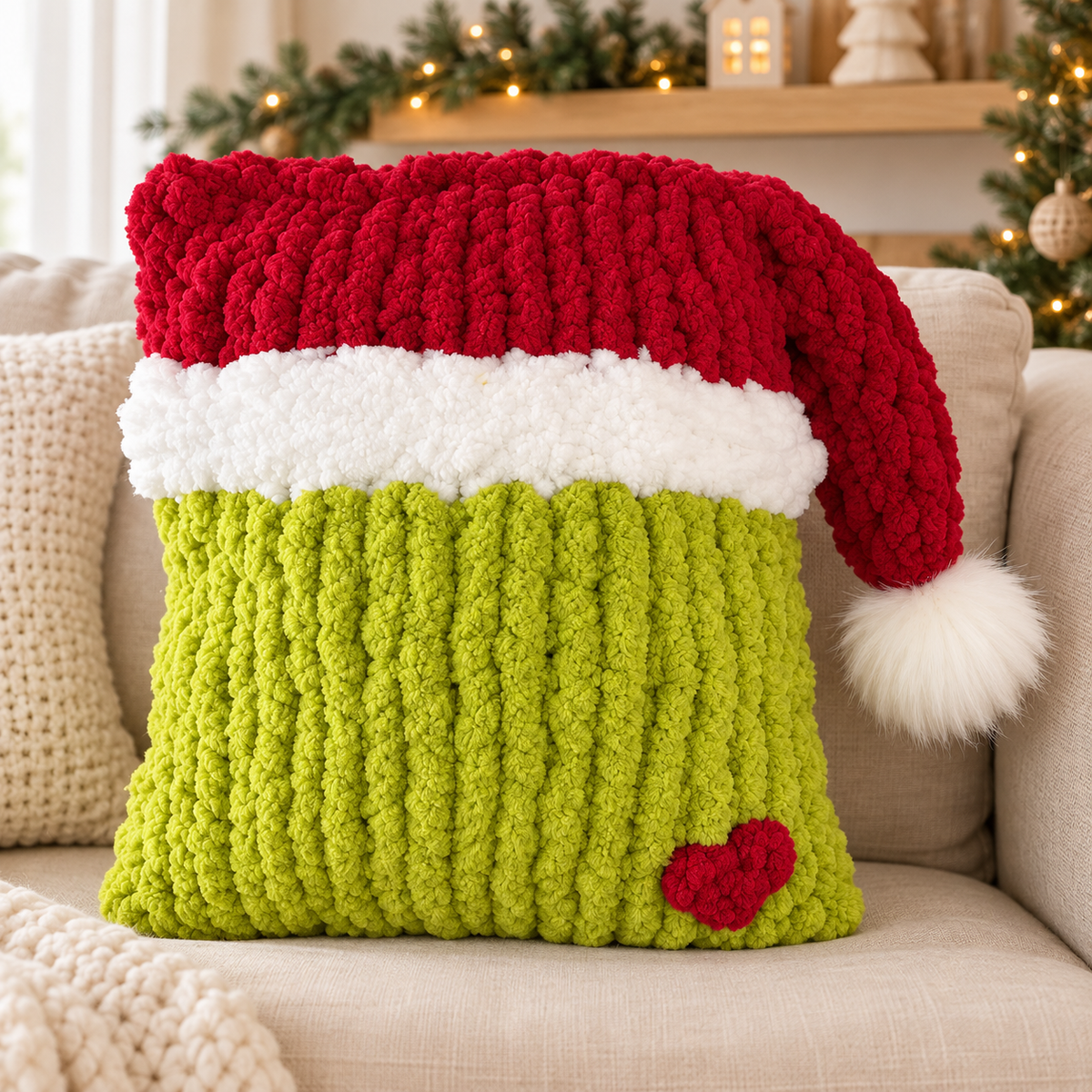Grinch Christmas Pillow Pattern PDF – Chunky Hand Knit Santa Pillow
