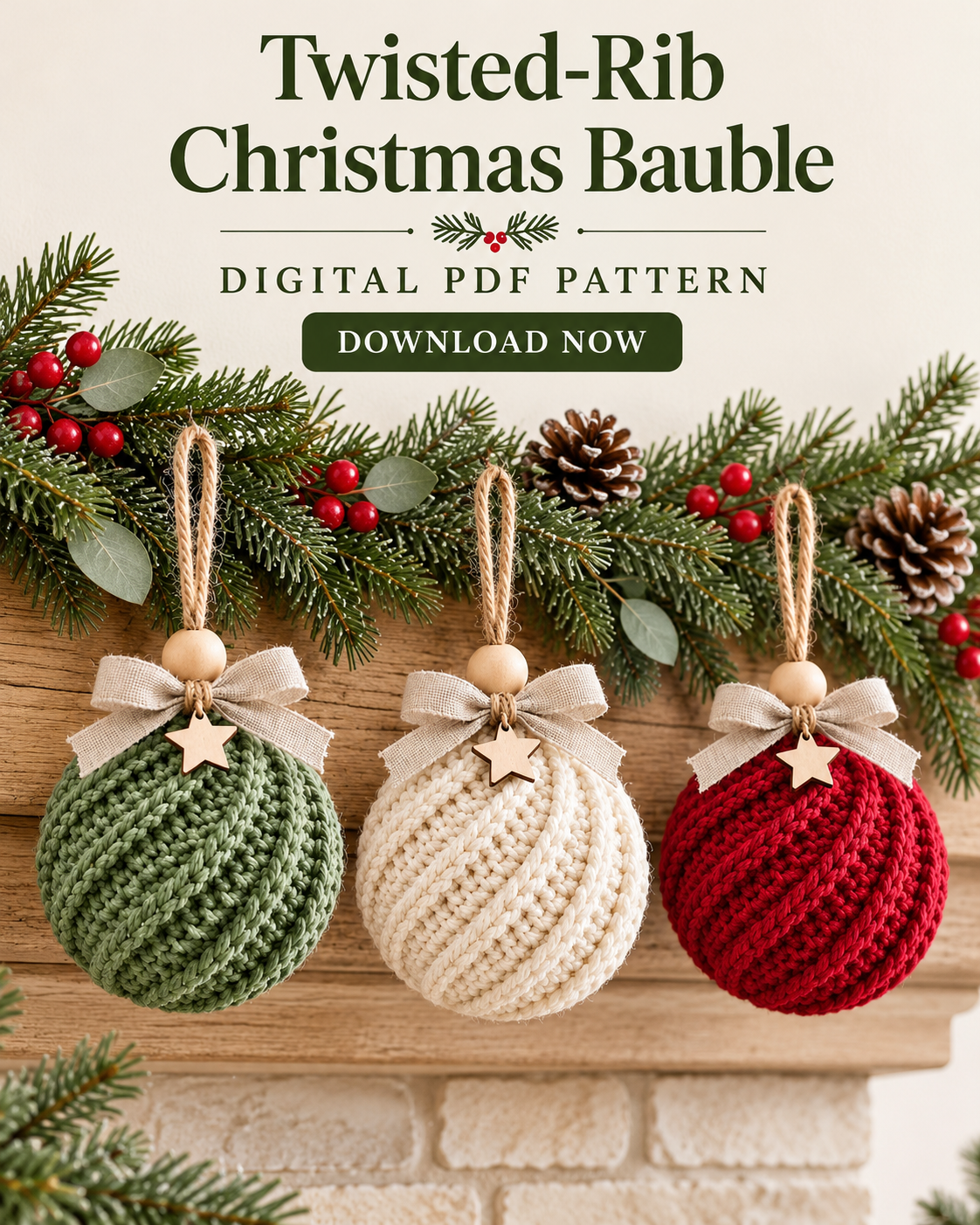 Crochet Christmas Bauble Pattern PDF – Twisted Rib Ornament with Bow