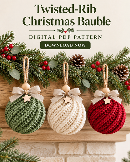 Crochet Christmas Bauble Pattern PDF – Twisted Rib Ornament with Bow