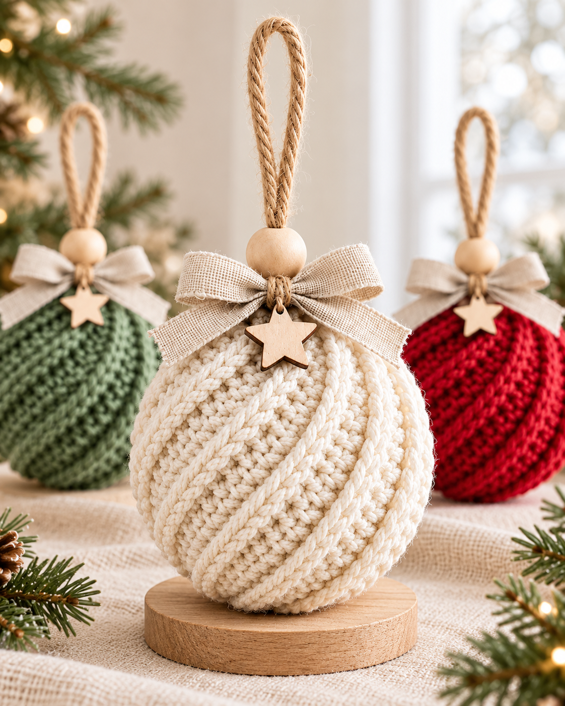 Crochet Christmas Bauble Pattern PDF – Twisted Rib Ornament with Bow