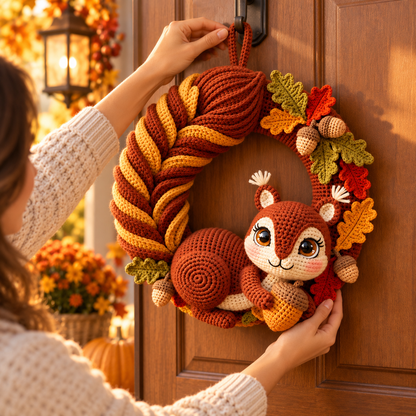 Squirrel Wreath Crochet Pattern PDF – Woodland Fall Wreath with Acorns