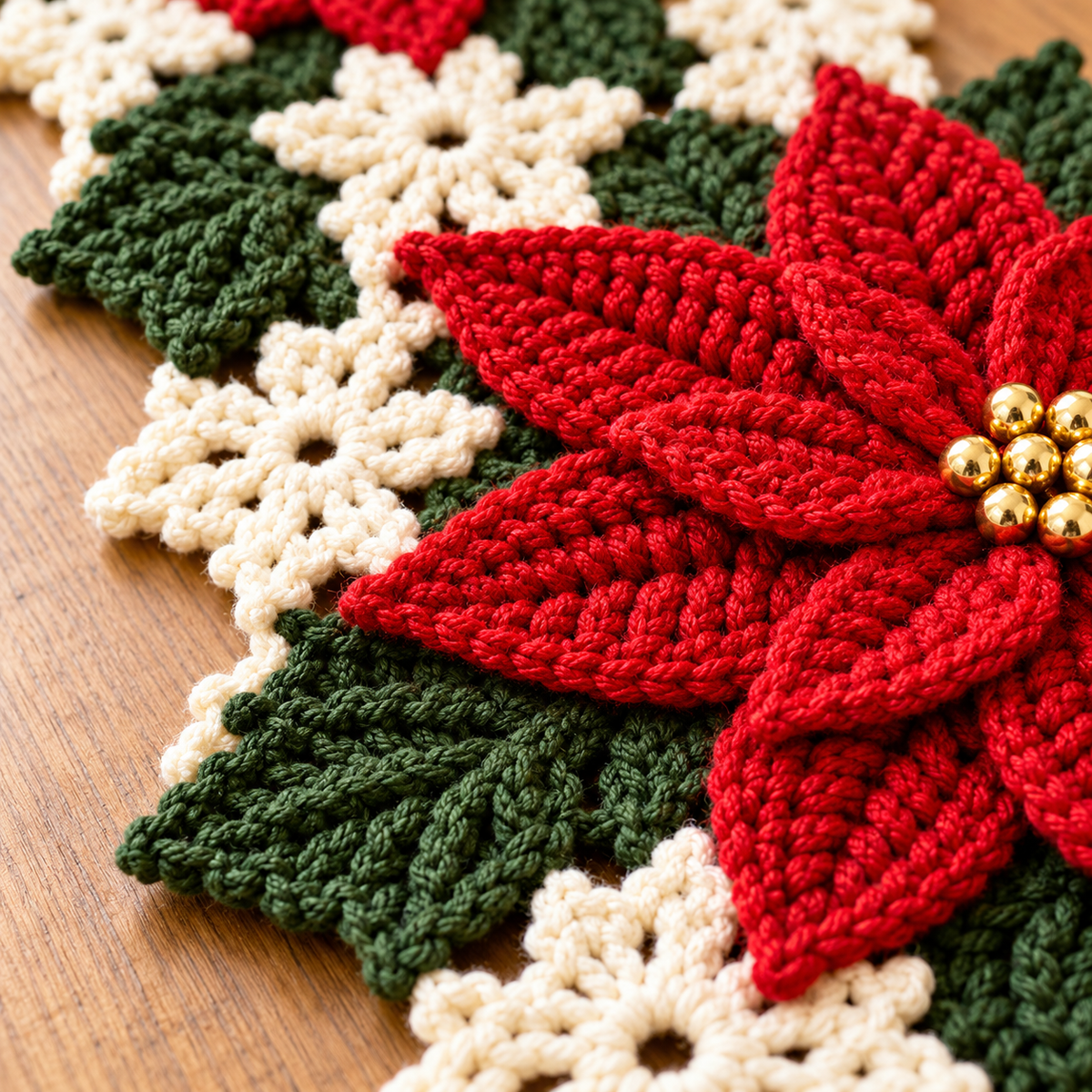 Poinsettia Crochet Table Runner Pattern PDF – Christmas Floral Table Decor