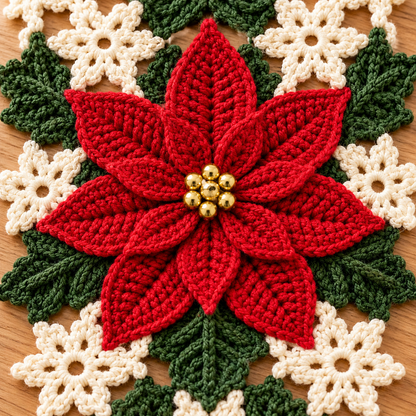 Poinsettia Crochet Table Runner Pattern PDF – Christmas Floral Table Decor