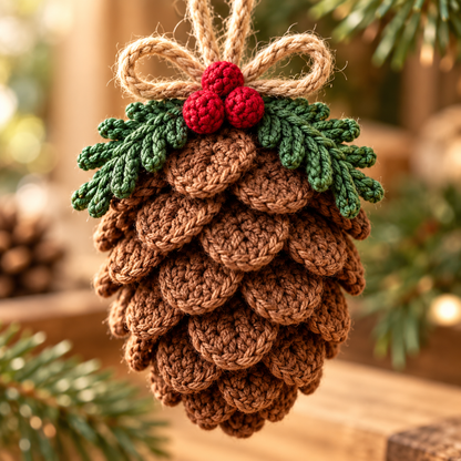 Crochet Pinecone Christmas Ornament Pattern PDF, Rustic Woodland Tree Decor