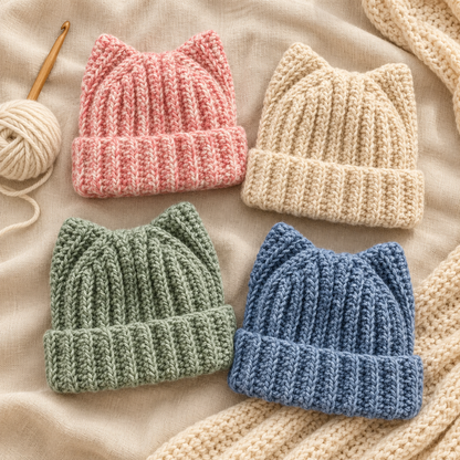 Cat Ear Crochet Hat Pattern PDF, Easy Plush Ribbed Beanie for Adults