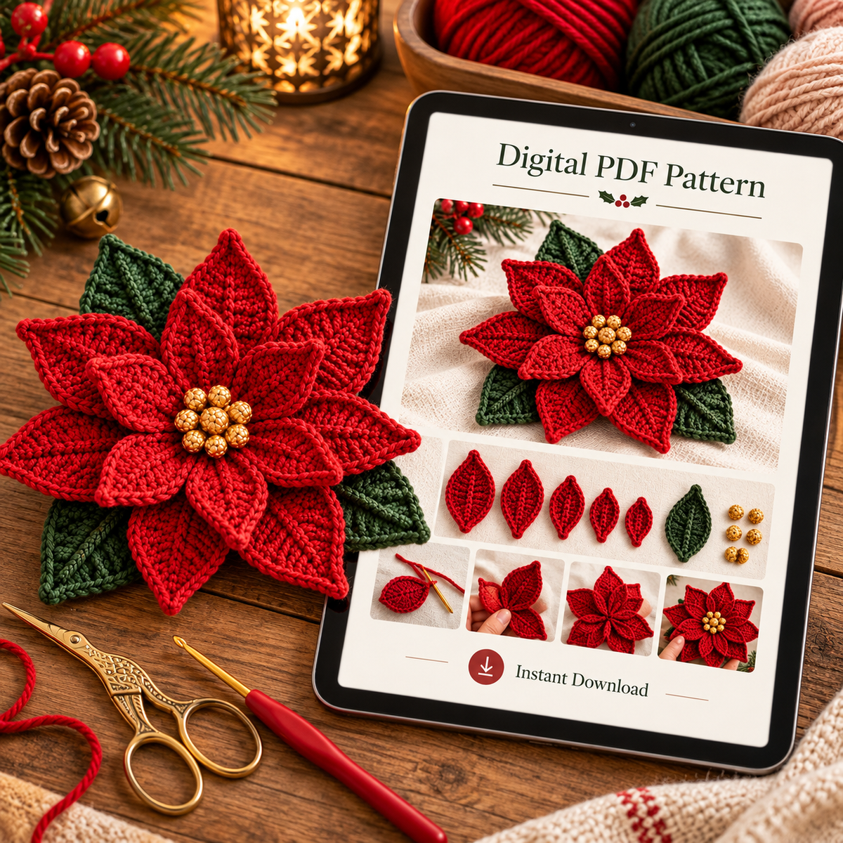 Crochet Poinsettia Pattern PDF – Christmas Flower for Napkin Rings & Ornaments