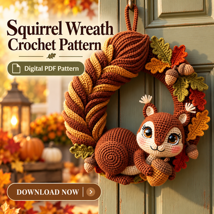 Squirrel Wreath Crochet Pattern PDF – Woodland Fall Wreath with Acorns