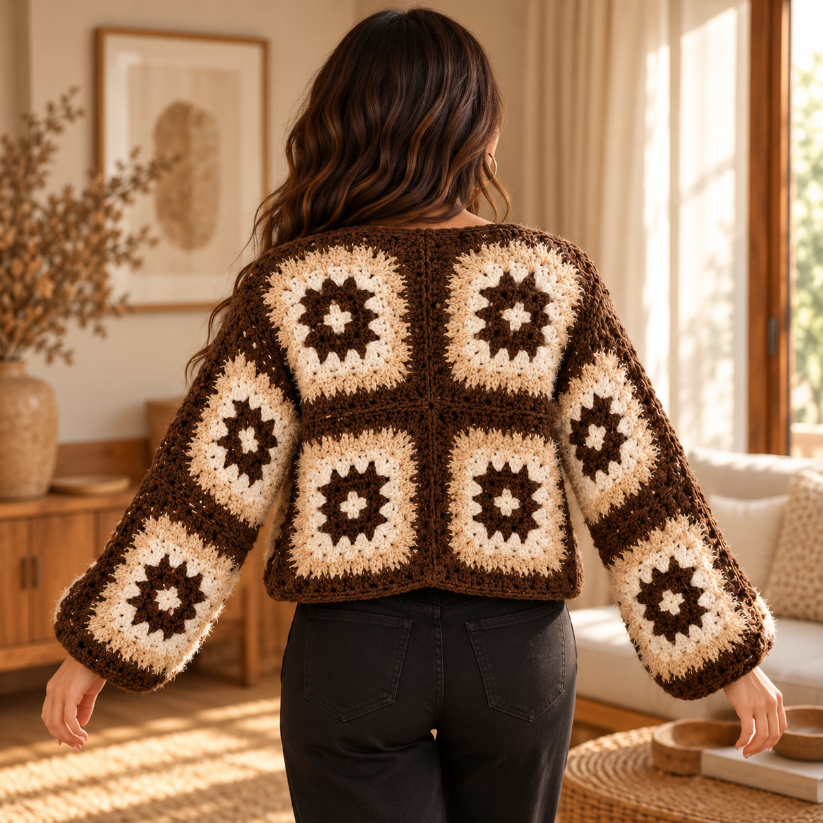 Fuzzy Granny Square Cardigan Crochet Pattern PDF – Cropped Sweater XS–5XL