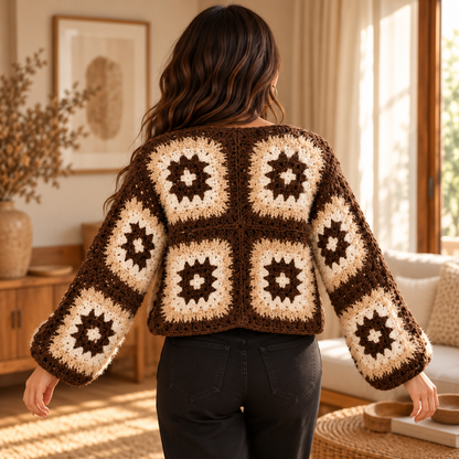 Fuzzy Granny Square Cardigan Crochet Pattern PDF – Cropped Sweater XS–5XL