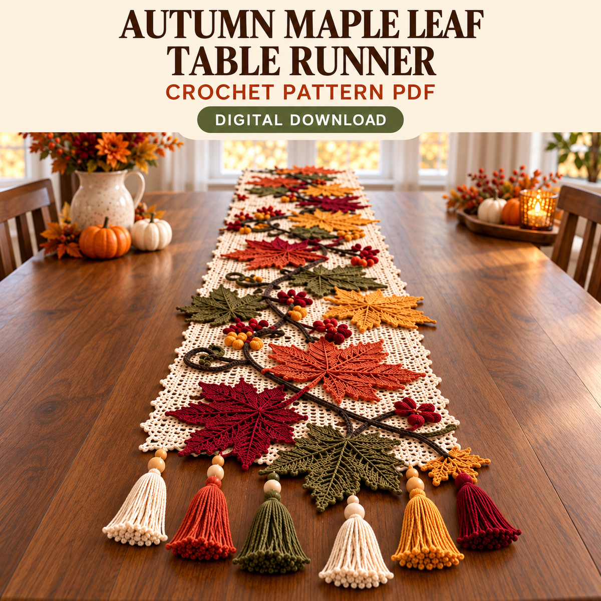 Autumn Maple Leaf Crochet Table Runner Pattern – Fall Thanksgiving Decor PDF