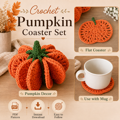 Pumpkin Coaster Crochet Pattern PDF – Fall Crochet Decor & Autumn Coaster Pattern