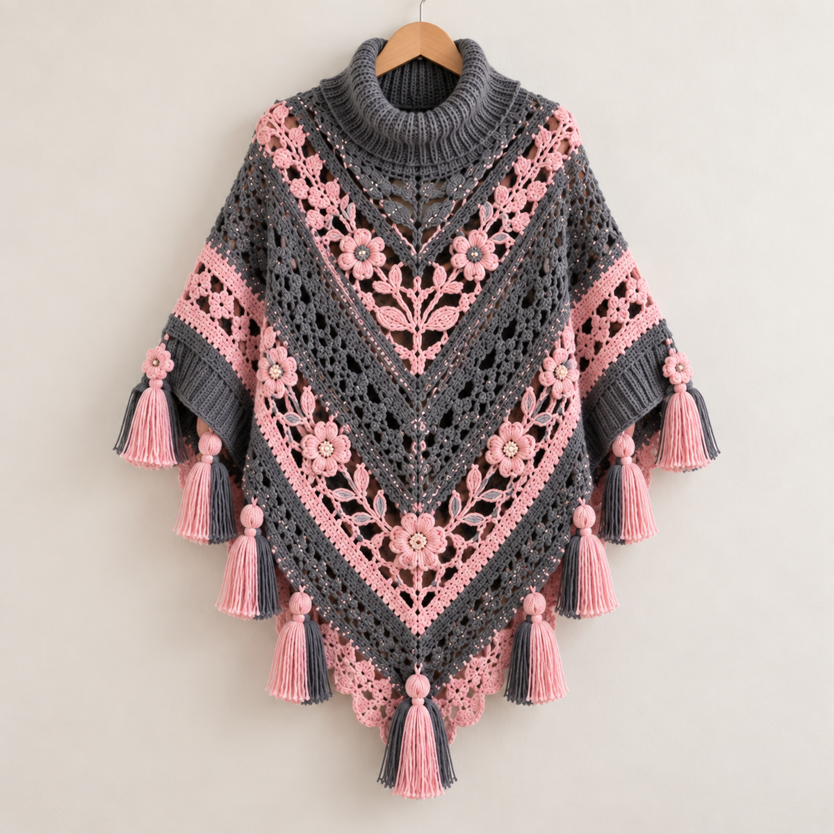 Rosewood Floral Crochet Poncho Pattern PDF – Boho Turtleneck Cape
