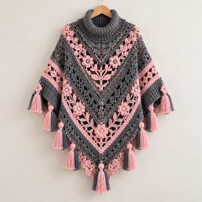 Rosewood Floral Crochet Poncho Pattern PDF – Boho Turtleneck Cape