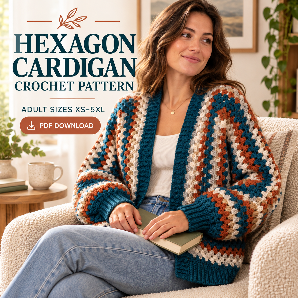 Granny Hexagon Cardigan Crochet Pattern PDF – Adult Sizes XS–5XL