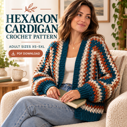 Granny Hexagon Cardigan Crochet Pattern PDF – Adult Sizes XS–5XL