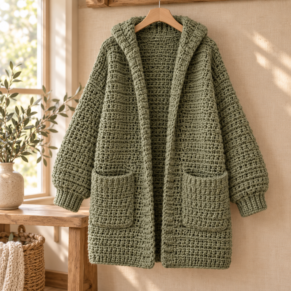 Chunky Crochet Cardigan Pattern PDF, Oversized Hooded Jacket, Balloon Sleeve Sweater