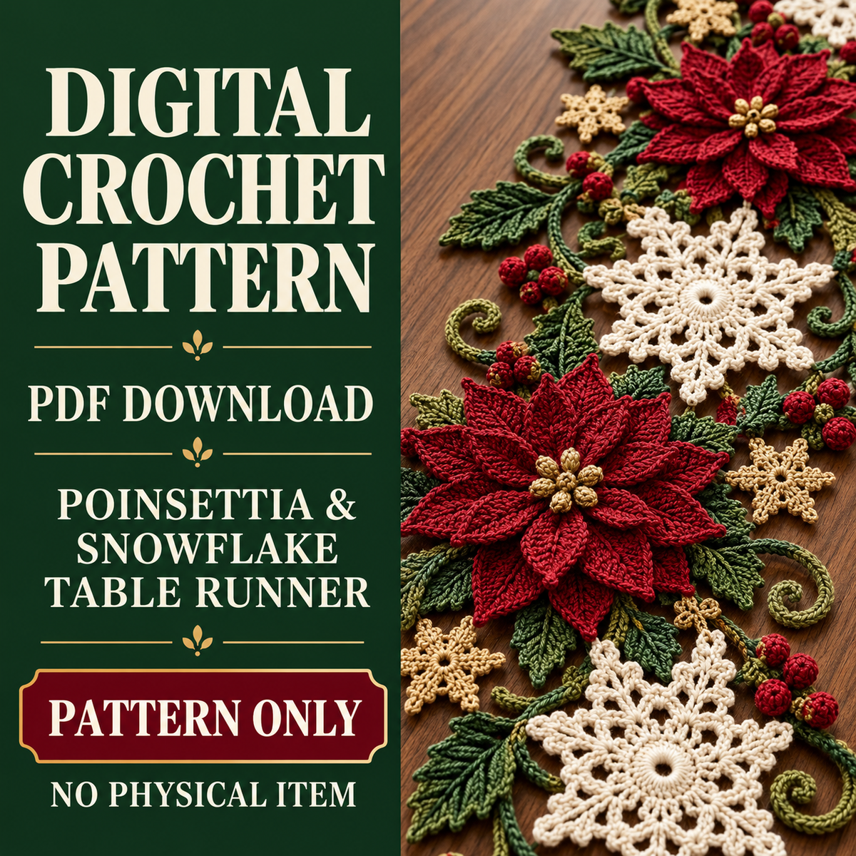 Christmas Crochet Table Runner Pattern – Poinsettia & Snowflake Holiday Decor PDF