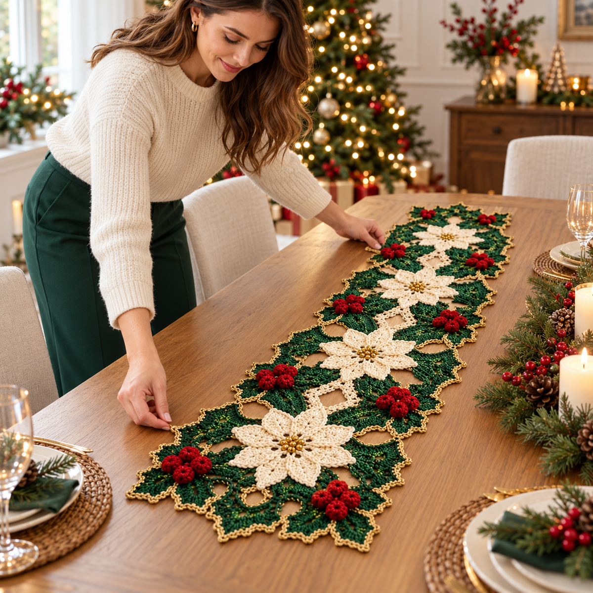 Christmas Crochet Table Runner Pattern PDF, Poinsettia Holiday Table Decor
