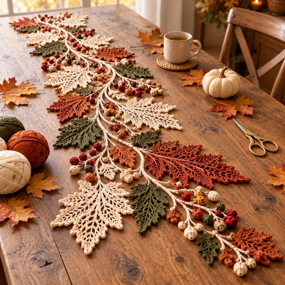 Autumn Leaf Table Runner Crochet Pattern PDF – Fall Lace Runner & Coasters