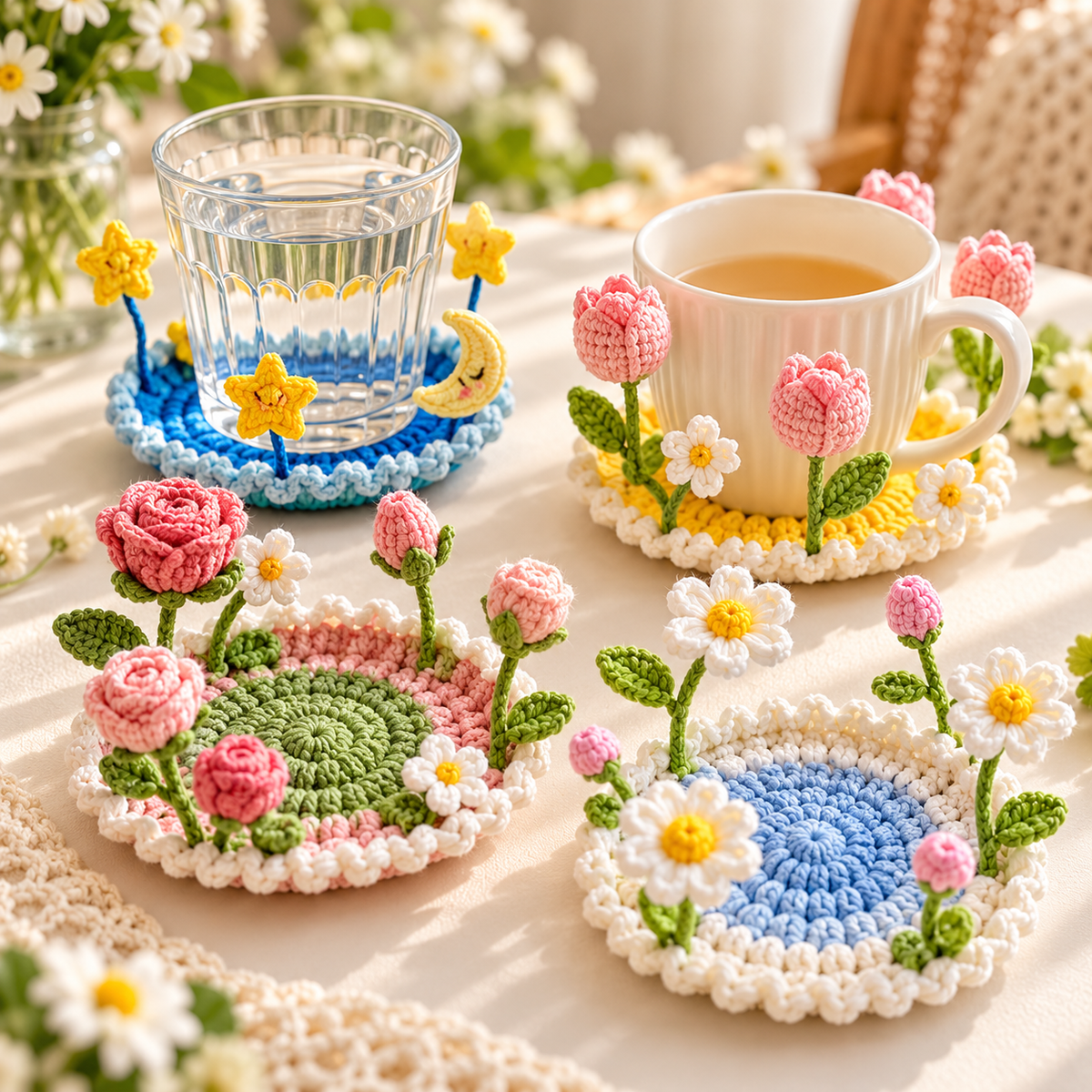 Crochet Pop Up Coaster Pattern Bundle PDF – 16 Flower, Mushroom & 3D Designs