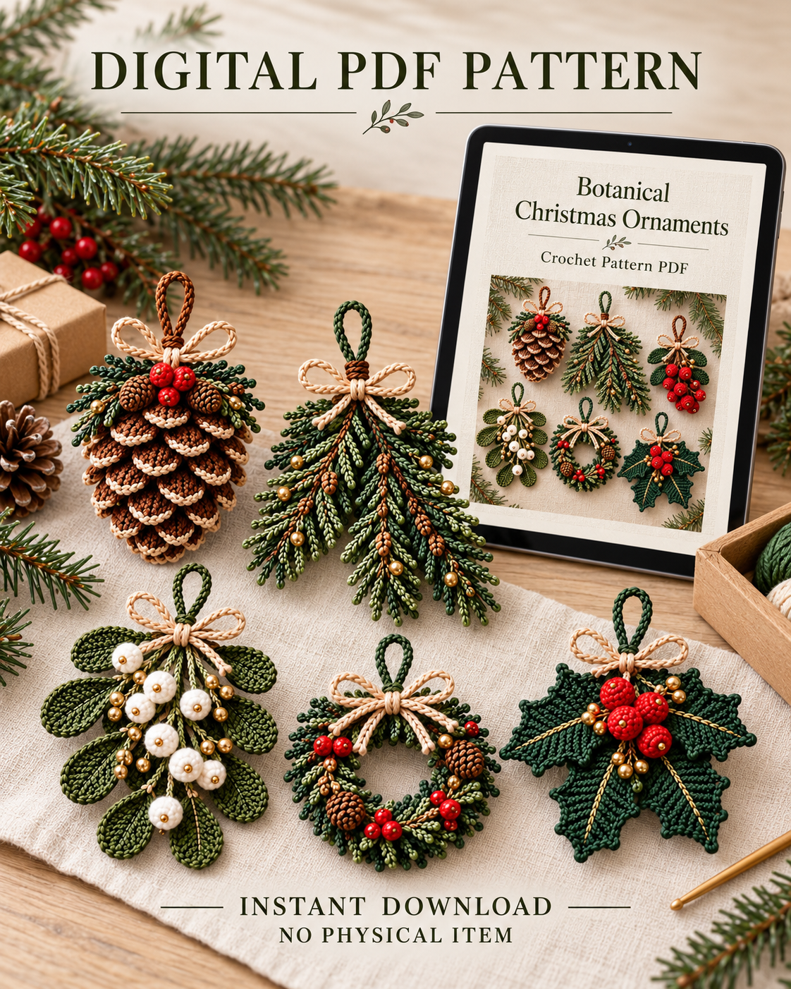 Christmas Botanical Ornament Crochet Pattern Bundle PDF – 4 Designs