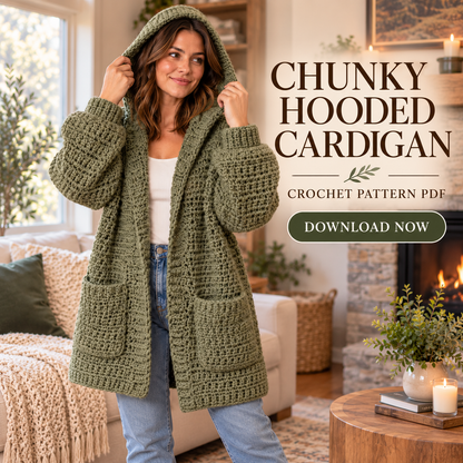 Chunky Crochet Cardigan Pattern PDF, Oversized Hooded Jacket, Balloon Sleeve Sweater