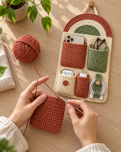 Crochet Wall Organizer Pattern PDF – 5 Pocket Bedside Storage