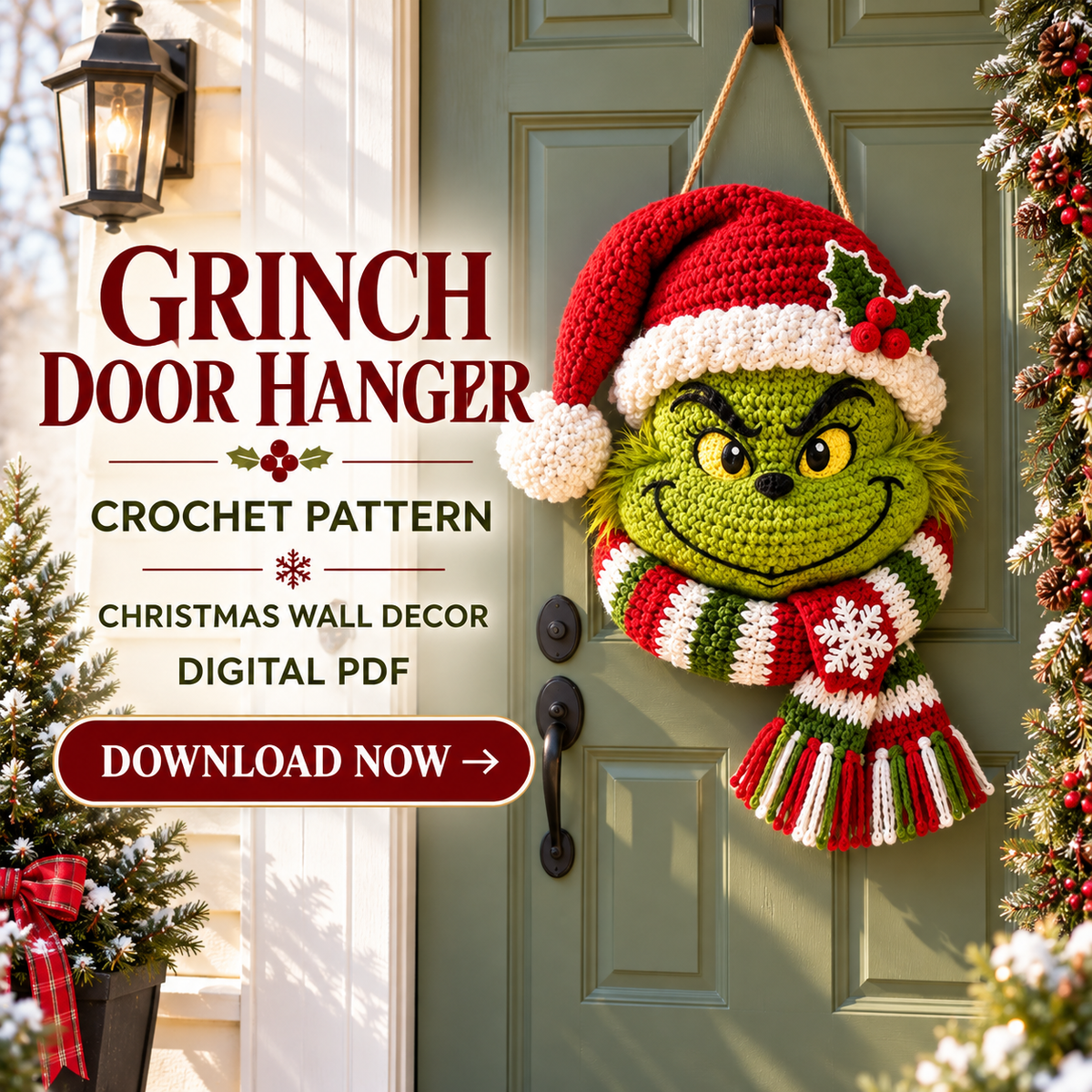 Grinch Crochet Pattern PDF – Christmas Door Wreath & Holiday Door Hanger
