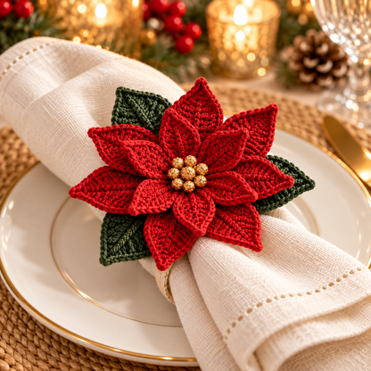 Crochet Poinsettia Pattern PDF – Christmas Flower for Napkin Rings & Ornaments
