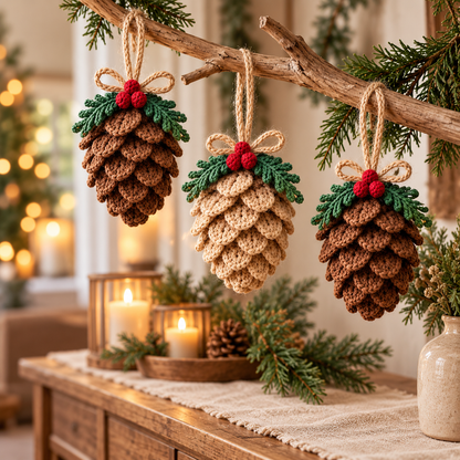 Crochet Pinecone Christmas Ornament Pattern PDF, Rustic Woodland Tree Decor