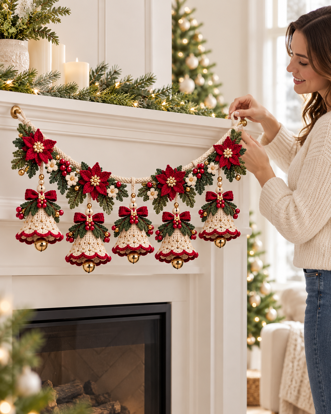 Christmas Bell Garland Crochet Pattern PDF – Poinsettia & Bows