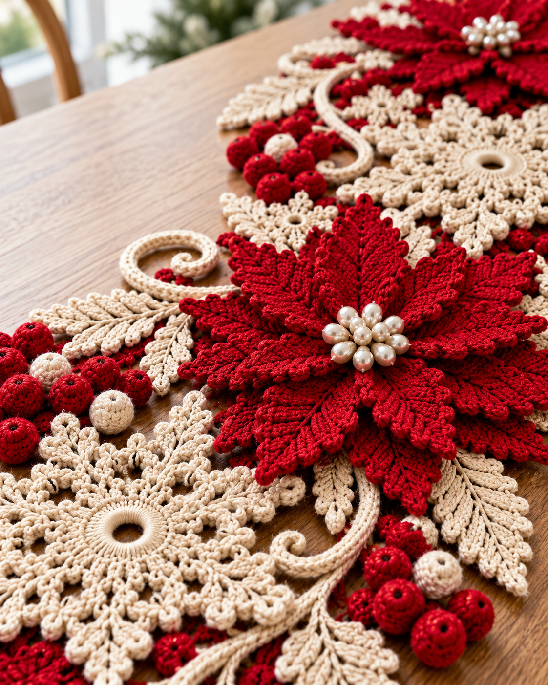 Poinsettia Snowflake Crochet Table Runner Pattern PDF – Christmas Decor