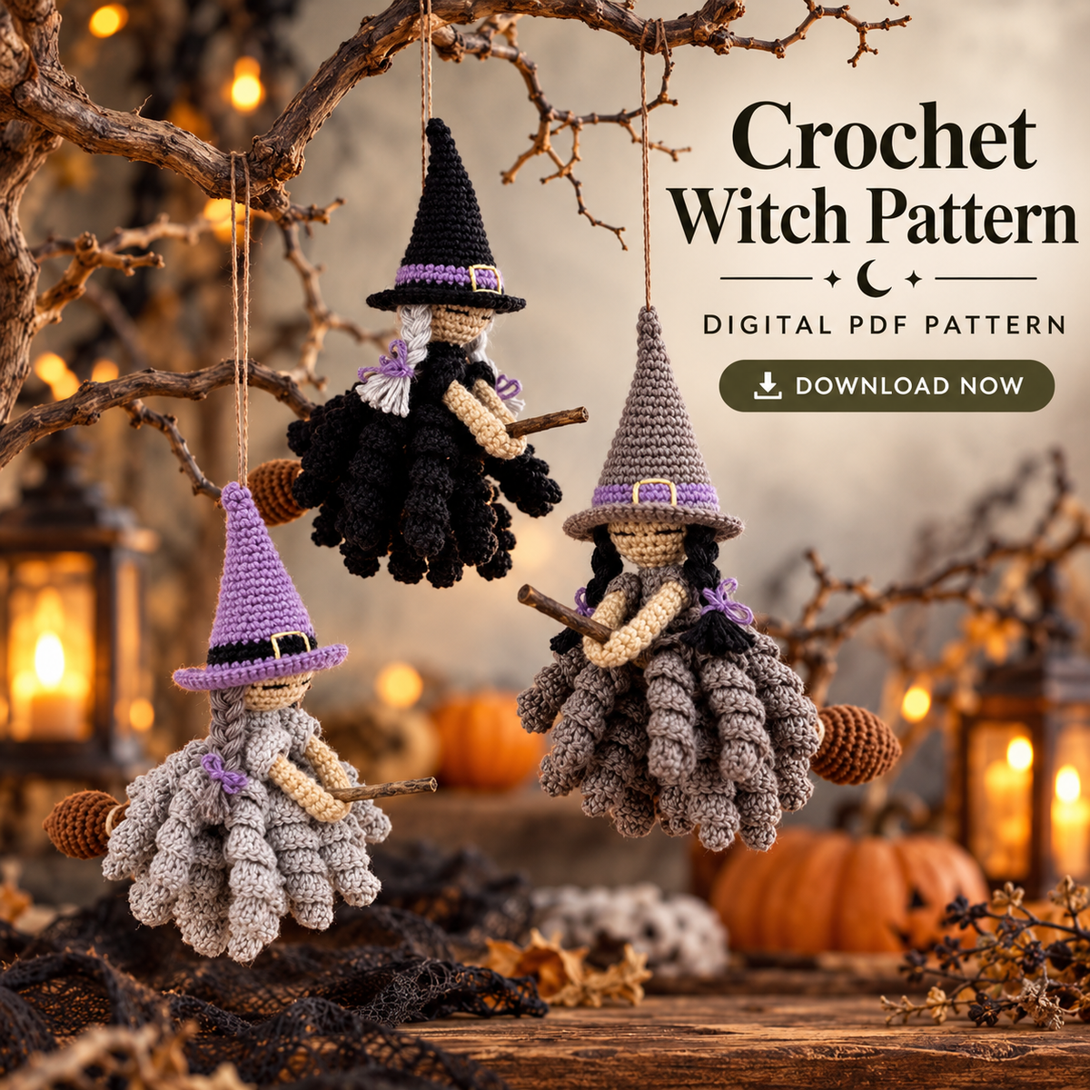 Flying Witch Crochet Pattern PDF – Halloween Hanging Witch Ornament