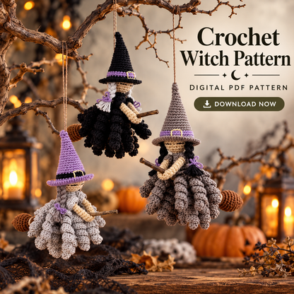 Flying Witch Crochet Pattern PDF – Halloween Hanging Witch Ornament